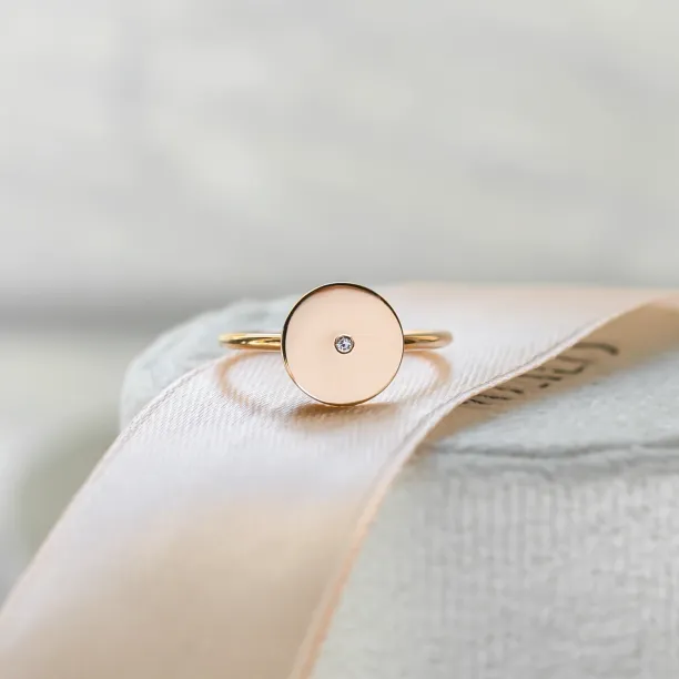 Gold minimalistic ring with engraving  and tiny diamond Bery Image