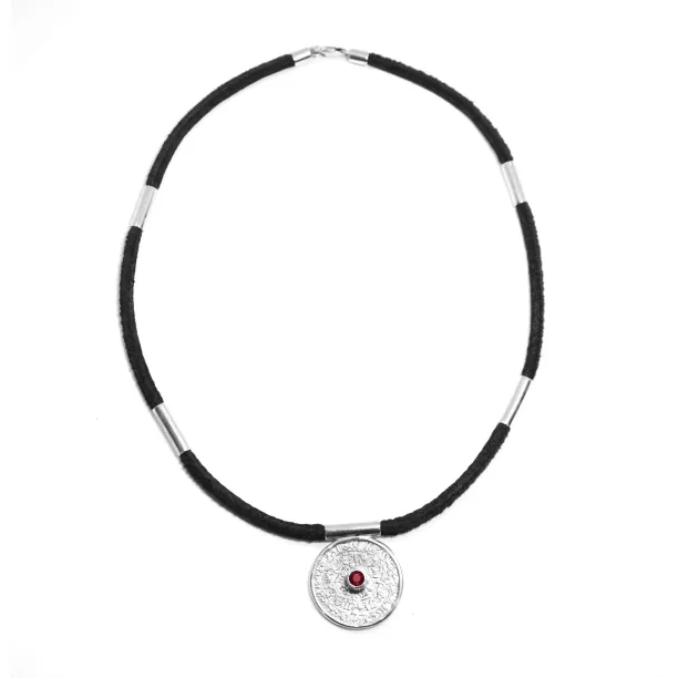 Unique Mayan Calendar Sterling Silver Necklace with Bohemian granet Image