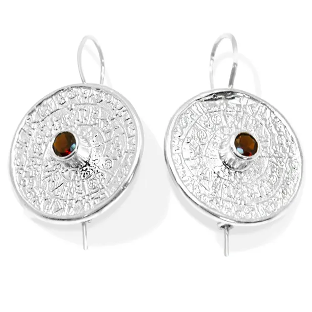 Unique Mayan Calendar Sterling Silver Earrings With Bohemian Garnet Image