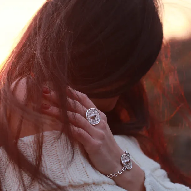 Unique Mayan Calendar Ring With Bohemian Garnet or zirkons OTRA Image