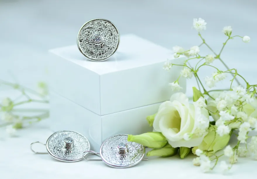 Unique Mayan Calendar Ring With Bohemian Garnet or zirkons OTRA Image