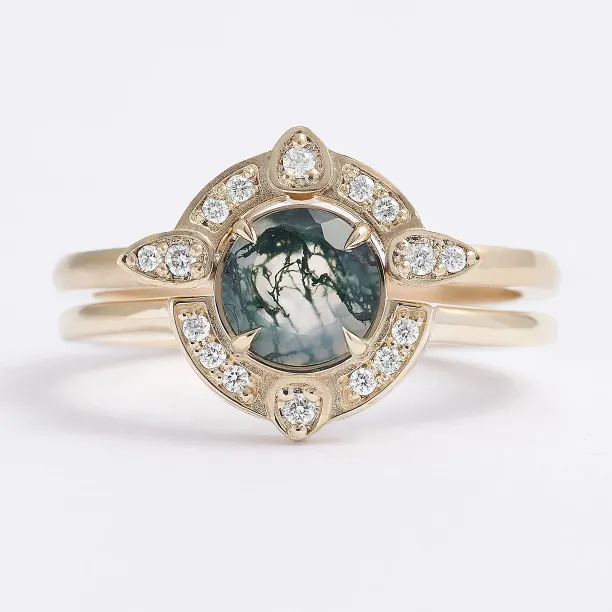 Moss agate and diamonds engagement ring set BRISTOL Image