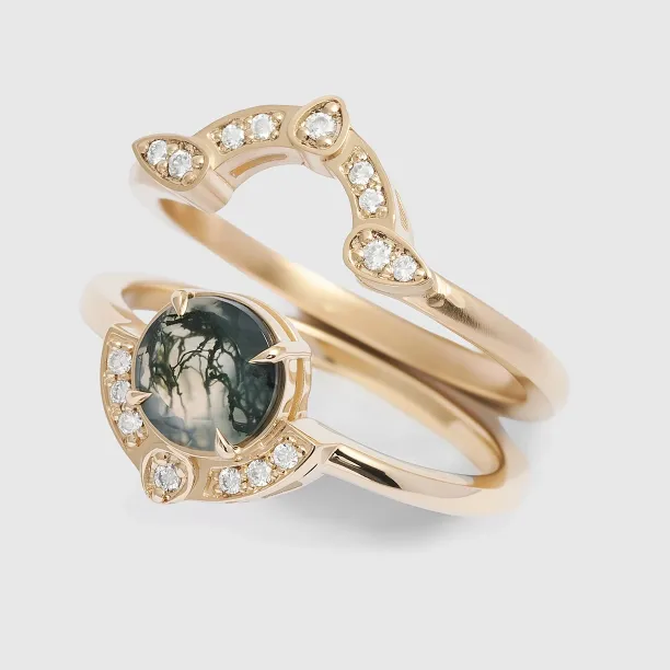 Moss agate and diamonds engagement ring set BRISTOL Image