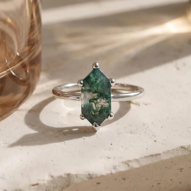 Gold ring with hexagon moss agate KLERA Image