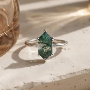 Gold ring with hexagon moss agate KLERA Thumbnail