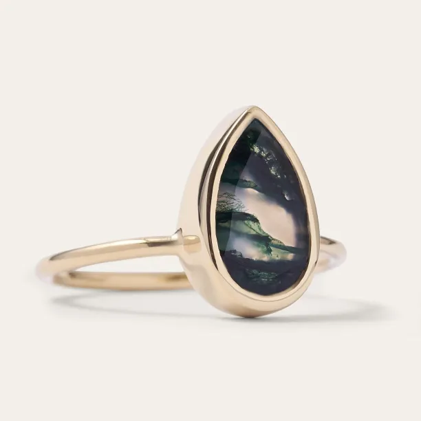 Gold ring with pear moss agate XENIA Image