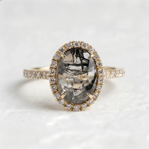 Elegant halo ring with salt and pepper diamonds TANANAI Image