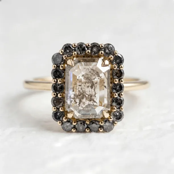 Emerald shape salt and pepper diamond ring LUCIA Image