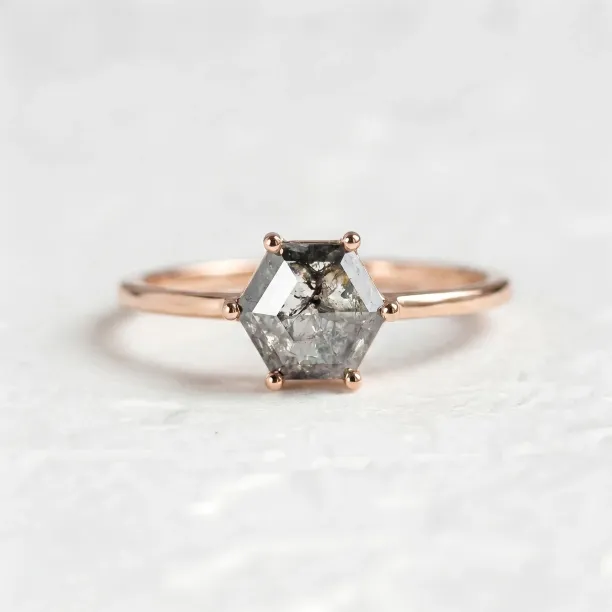 Minimalist ring with hexagon salt and pepper diamond SIXTA Image