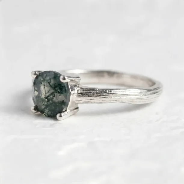 Gold Ring in Tree Bark Shape with Moss Agate SILVA Image