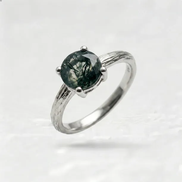 Gold Ring in Tree Bark Shape with Moss Agate SILVA Image