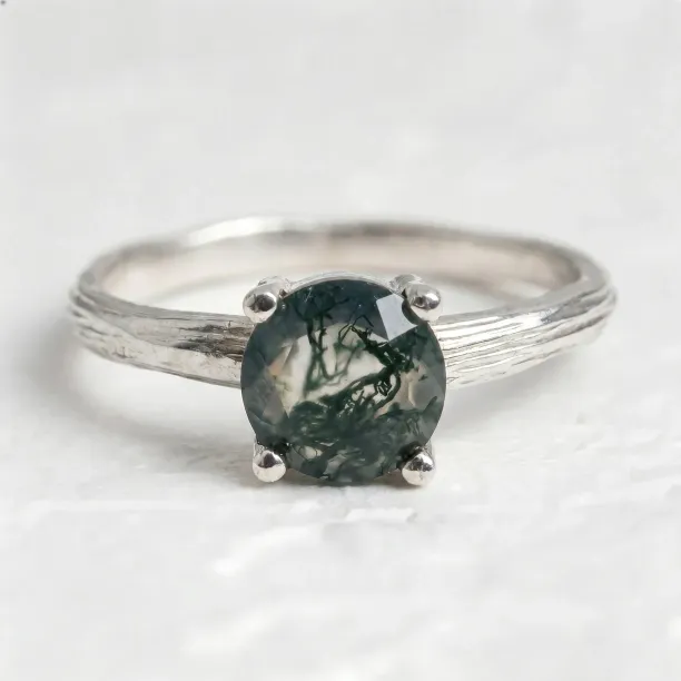 Gold Ring in Tree Bark Shape with Moss Agate SILVA Image