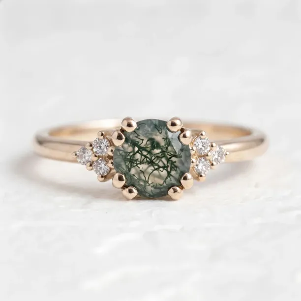 Noble gold ring with moss agate and diamonds MONNY Image