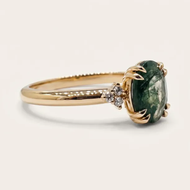 Gold Ring with Oval Moss Agate and Diamonds MIRELLE Image