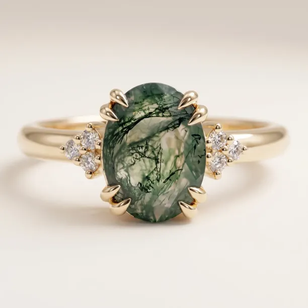 Gold Ring with Oval Moss Agate and Diamonds MIRELLE Image